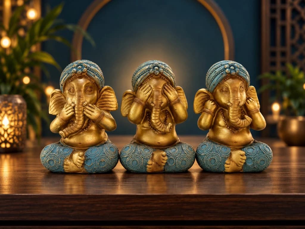 Ganeshas sabios oro y celeste(set x 3)12CM