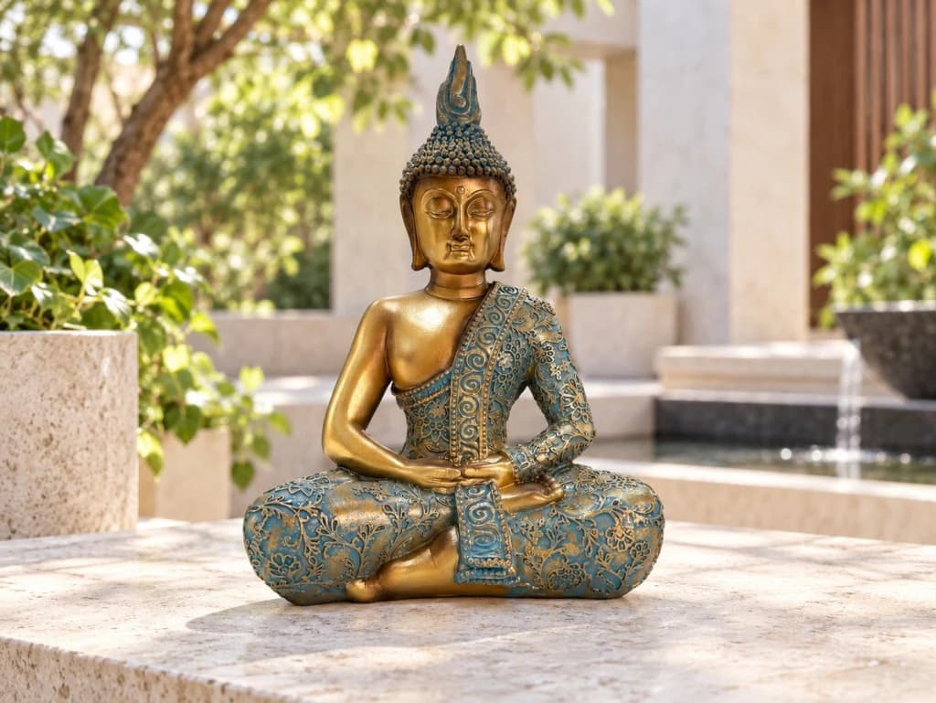 Buda meditando celeste y oro 25.8 cm
